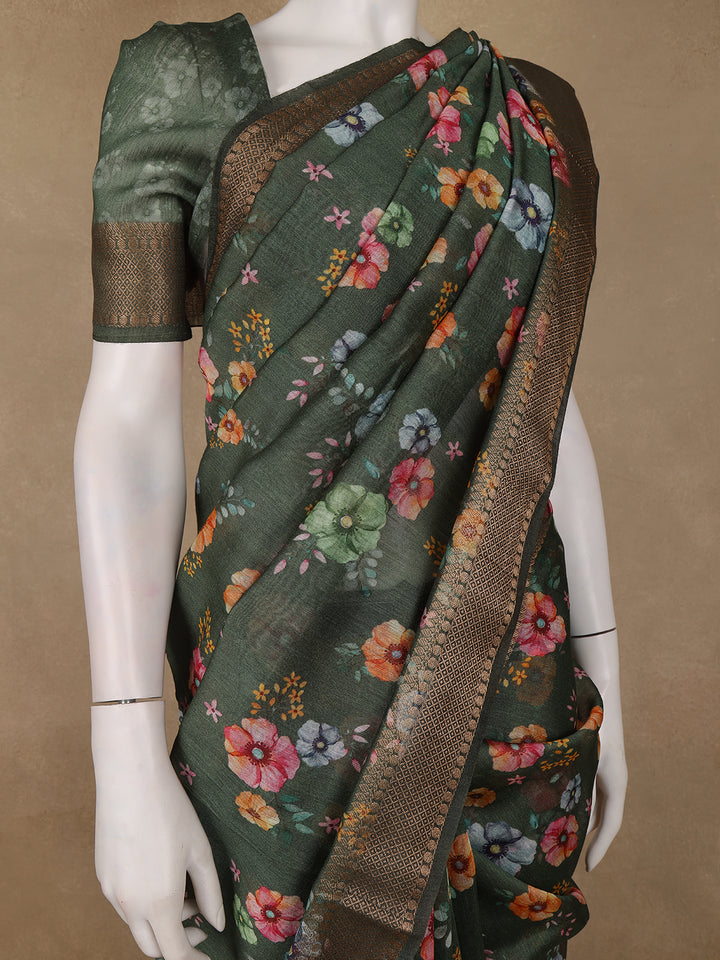 Forest Green Floral Design Tussar Silk Saree - Diadem
