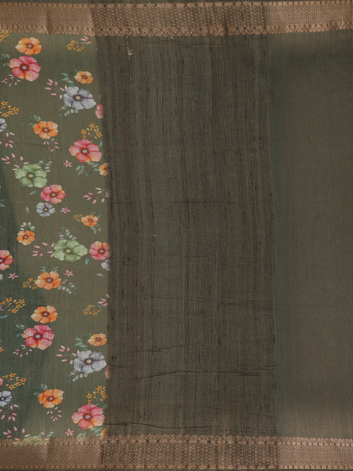 Forest Green Floral Design Tussar Silk Saree - Diadem
