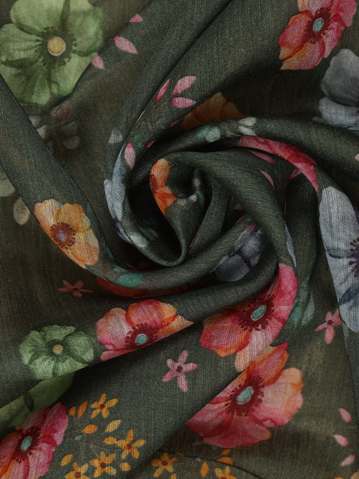 Forest Green Floral Design Tussar Silk Saree - Diadem