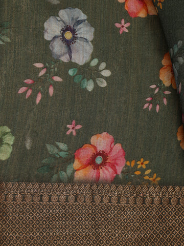 Forest Green Floral Design Tussar Silk Saree - Diadem