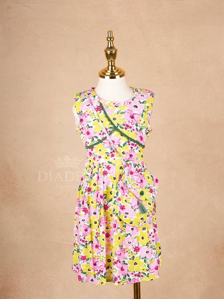 White Cotton Frock Adorned with Colorful floral Designs and Sling bag for Girls