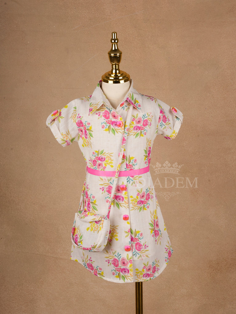 White Cotton Frock Adorned with Floral Designs, Collar and Sling bag for Girls