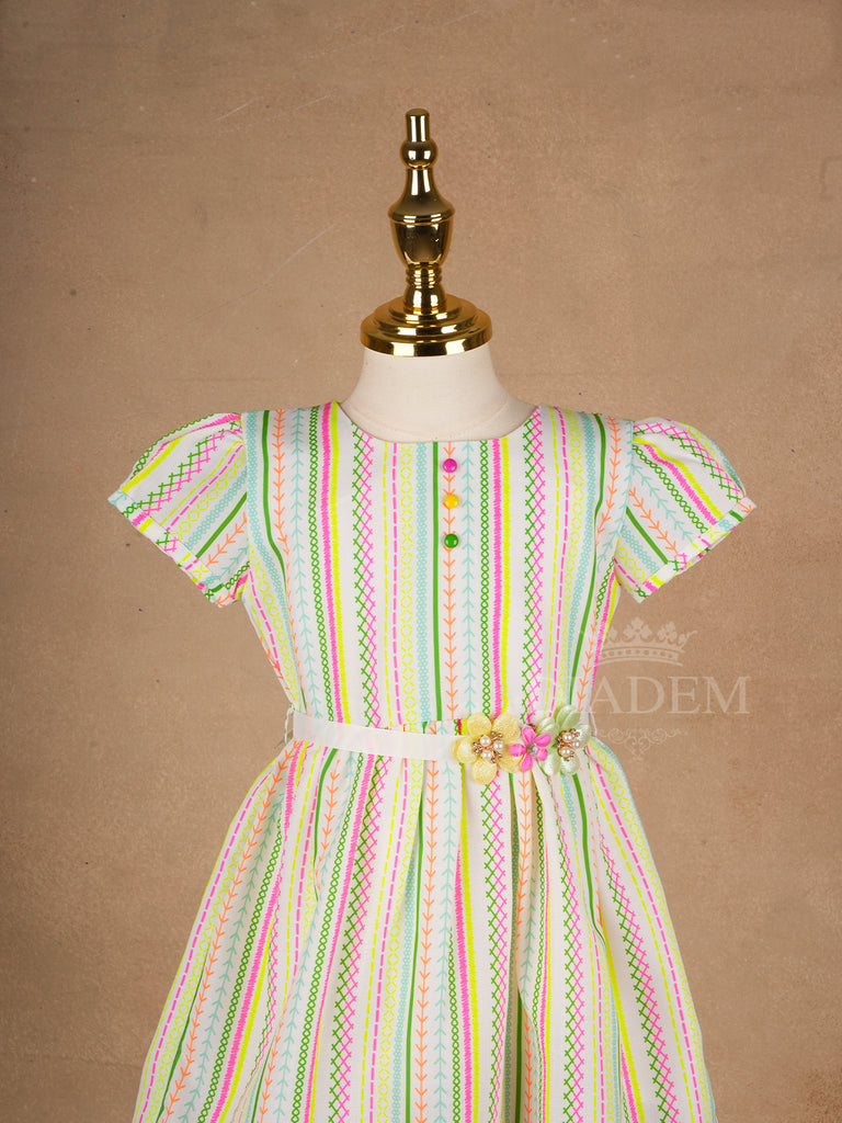 White Cotton Frock Adorned with Colorful Geometric Patterns for Girls