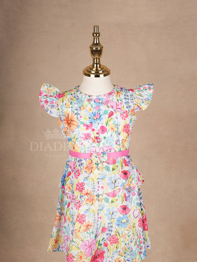 White Frock Adorned with Colorful Floral Designs and Cap Sleeve for Girls