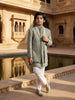 Sage Green Velvet Sherwani Set with Thread Embroidery