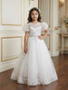White Net Ball Gown Adorned with Floral Embroidery featuring Puff Sleeves