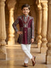 Wine Kids Sherwani Embellished with Sequins and Floral Design with Pearls Mala