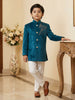 Peacock Blue Velvet Indo-Western Kids Sherwani With Horse Embellished Shoulder
