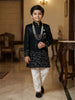 Navy Blue Floral Sequins Embroidered Velvet Kids Sherwani Set