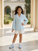 White Cotton Blend Blazer with Blue Check Print for Girls