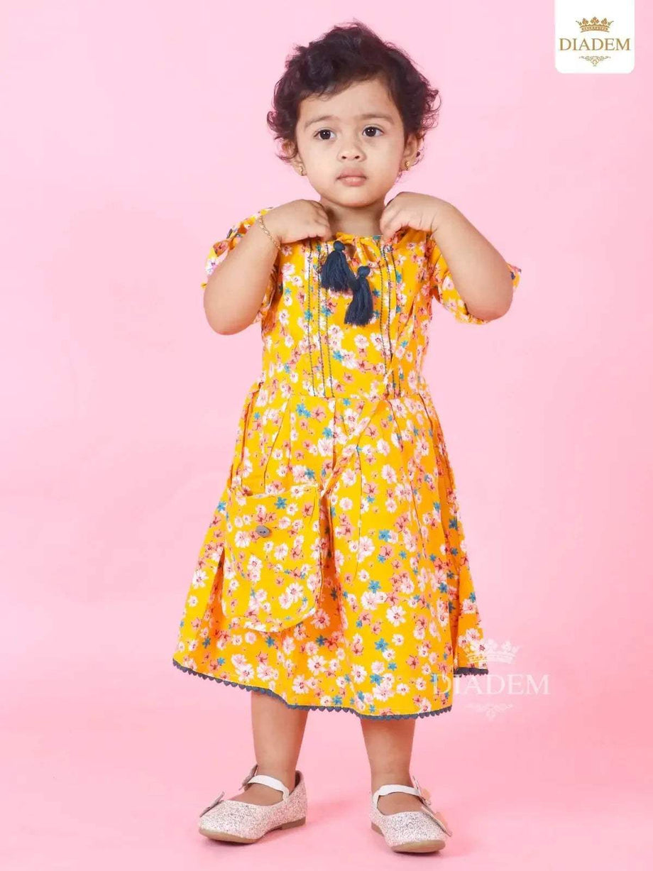 Affordable Mustard Yellow Frock Enhanced in Flower Design Prints Casual Wear Under 300