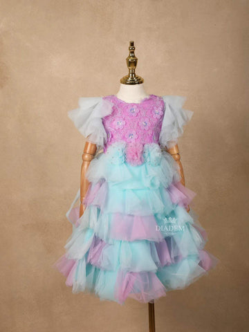 Light Purple Net Layered Gown Adorned with 3D Flowers - Diadem