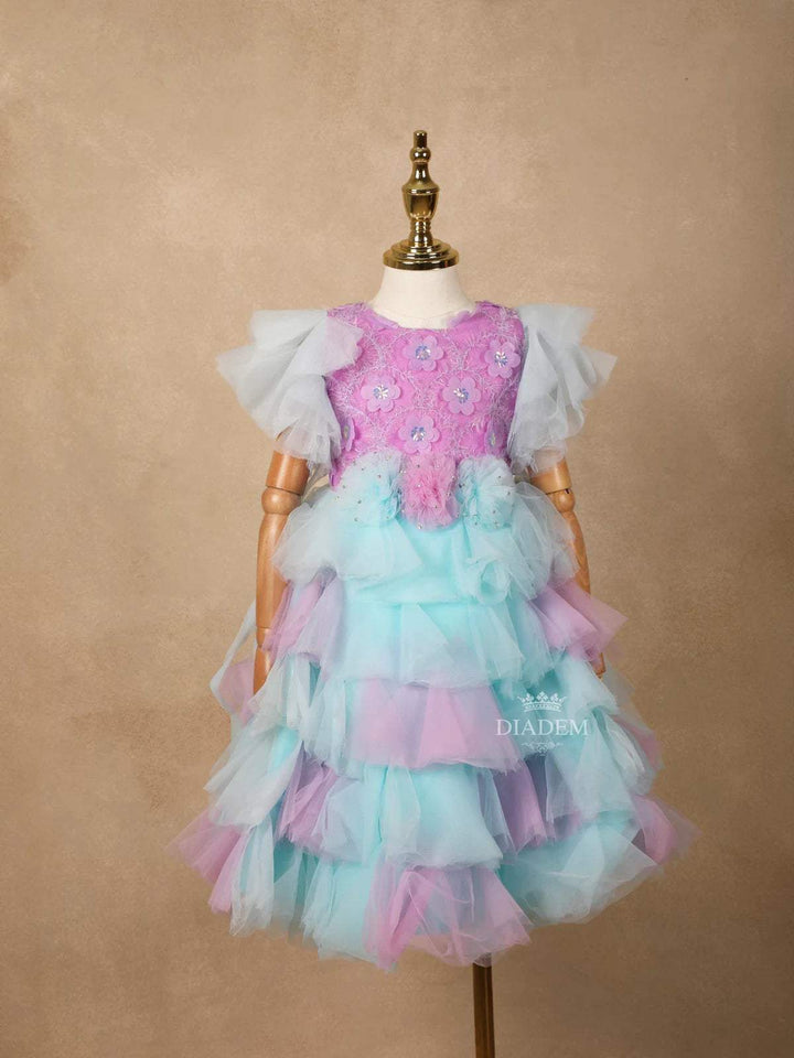 Light Purple Net Layered Gown Adorned with 3D Flowers - Diadem