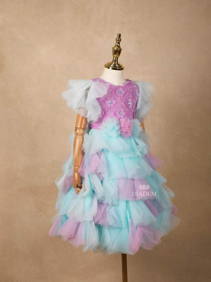 Light Purple Net Layered Gown Adorned with 3D Flowers - Diadem