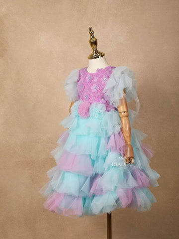 Light Purple Net Layered Gown Adorned with 3D Flowers - Diadem