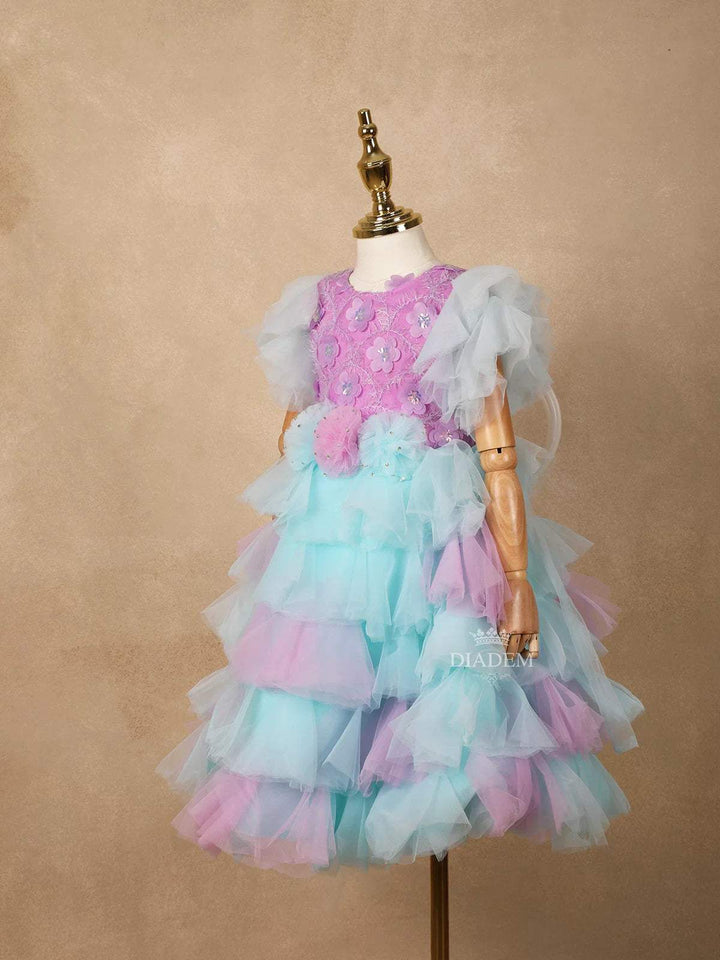 Light Purple Net Layered Gown Adorned with 3D Flowers - Diadem