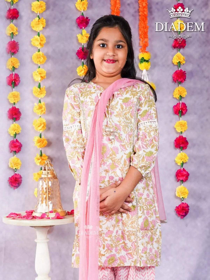 Off White and Light Pink Patiala Salwar Suit Adorned in Floral Prints with Dupatta - Diadem