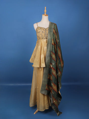 Gold Floral Embroidered Silk Sharara Set - Diadem
