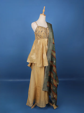 Gold Floral Embroidered Silk Sharara Set - Diadem