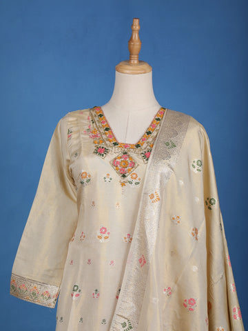 Gold Floral Designed Tissue Silk Salwar Suit - Diadem