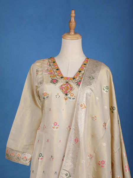 Gold Floral Designed Tissue Silk Salwar Suit - Diadem