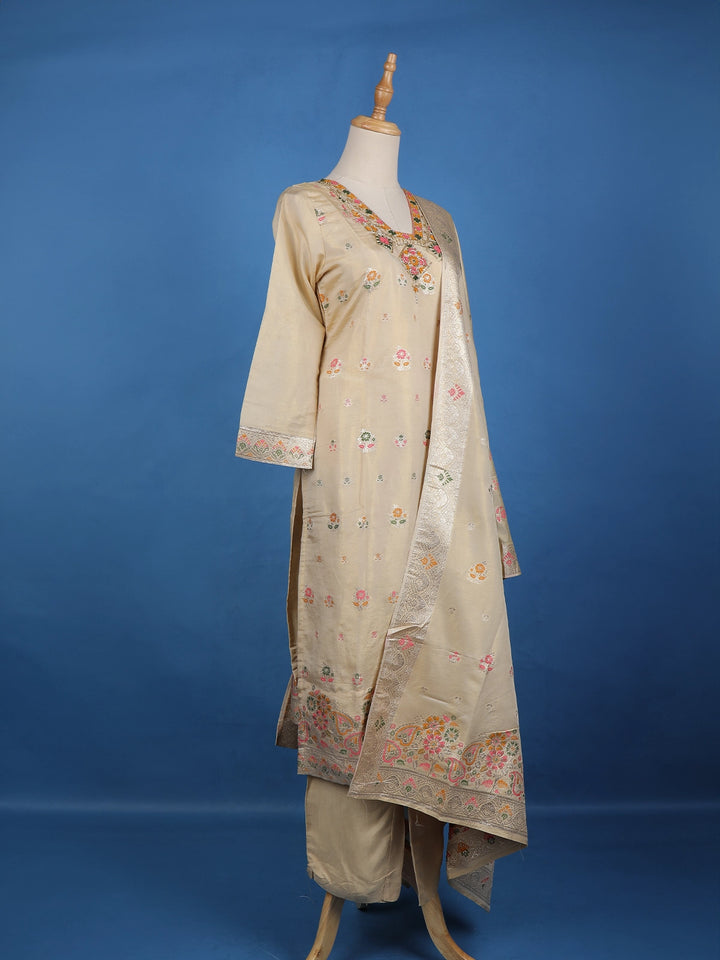 Gold Floral Designed Tissue Silk Salwar Suit - Diadem