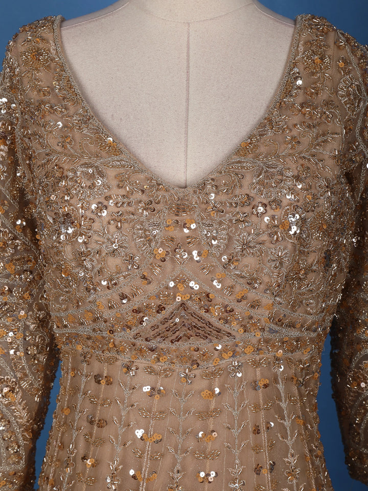 Gold Floral Embroidery Net Bridal Gown - Diadem