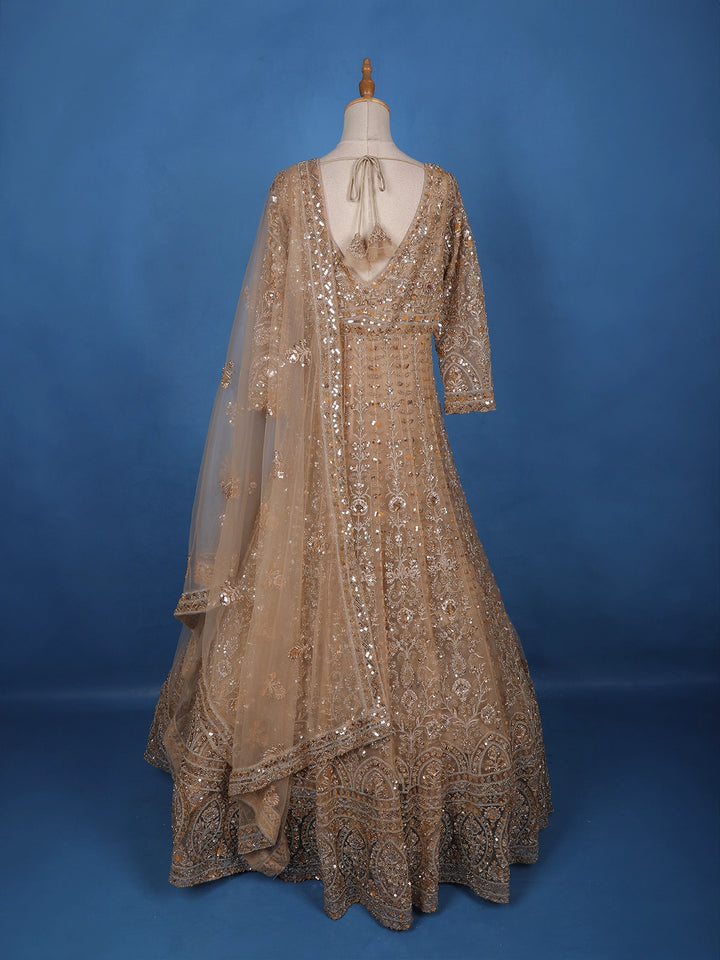 Gold Floral Embroidery Net Bridal Gown - Diadem