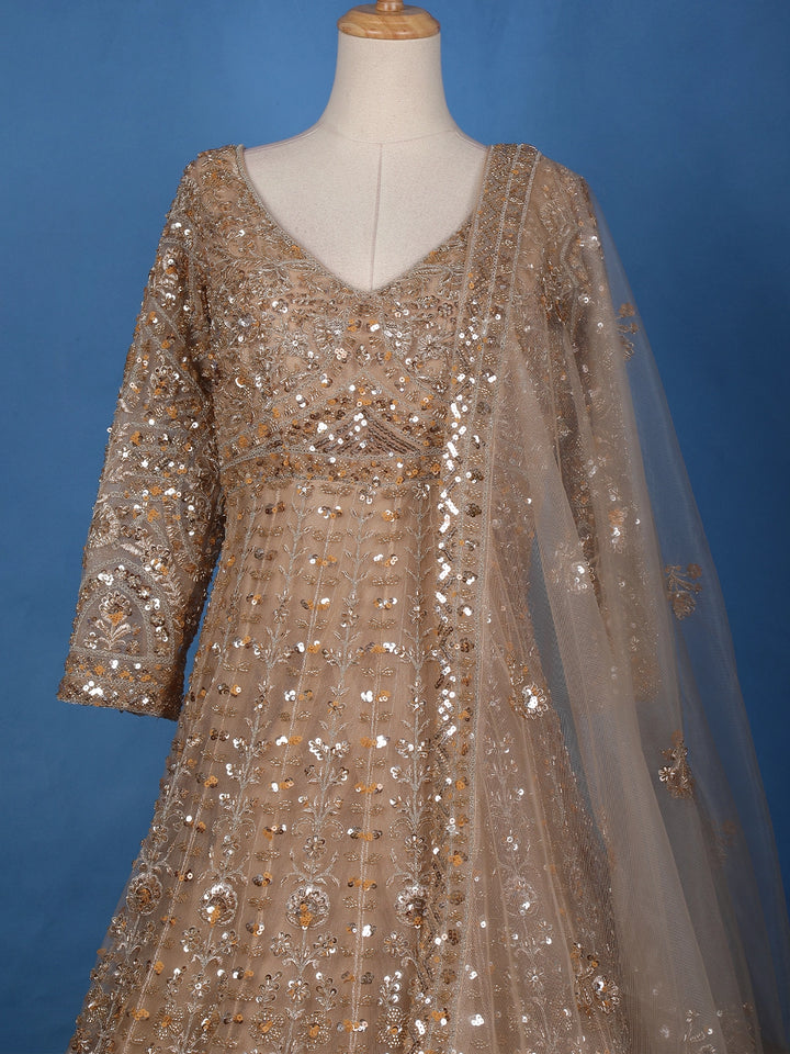 Gold Floral Embroidery Net Bridal Gown - Diadem