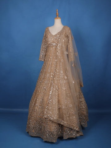 Gold Floral Embroidery Net Bridal Gown - Diadem