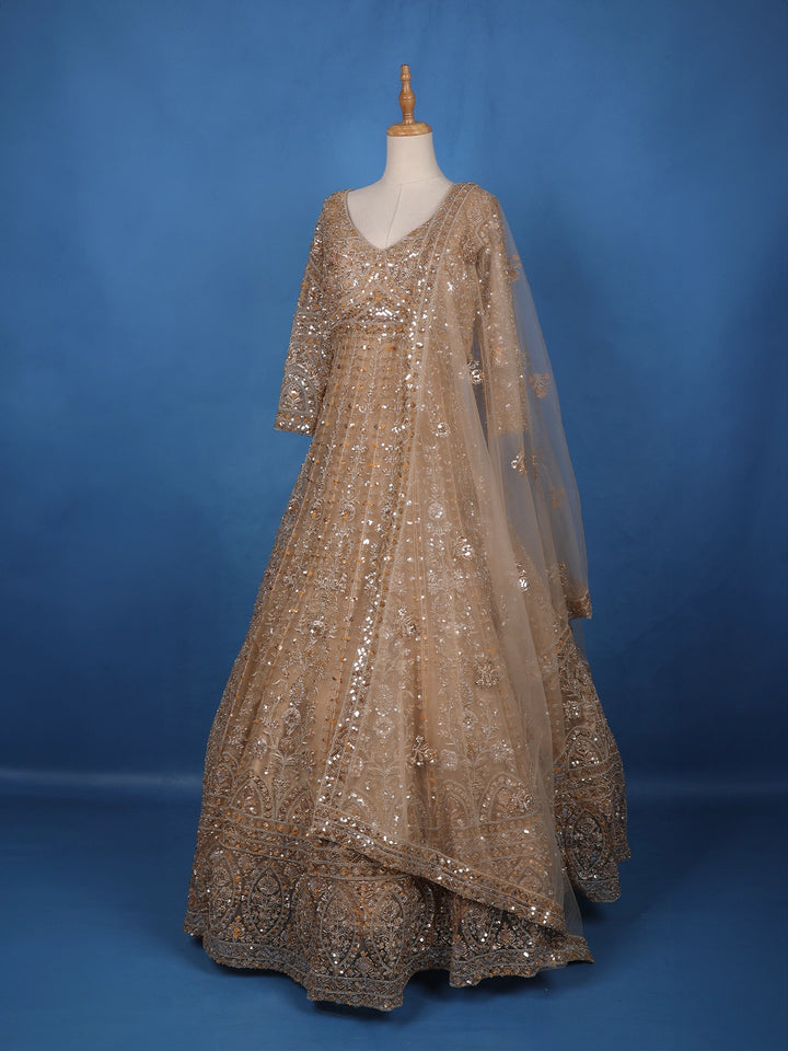 Gold Floral Embroidery Net Bridal Gown - Diadem