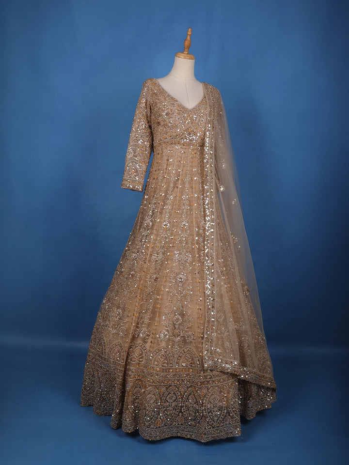 Gold Floral Embroidery Net Bridal Gown - Diadem