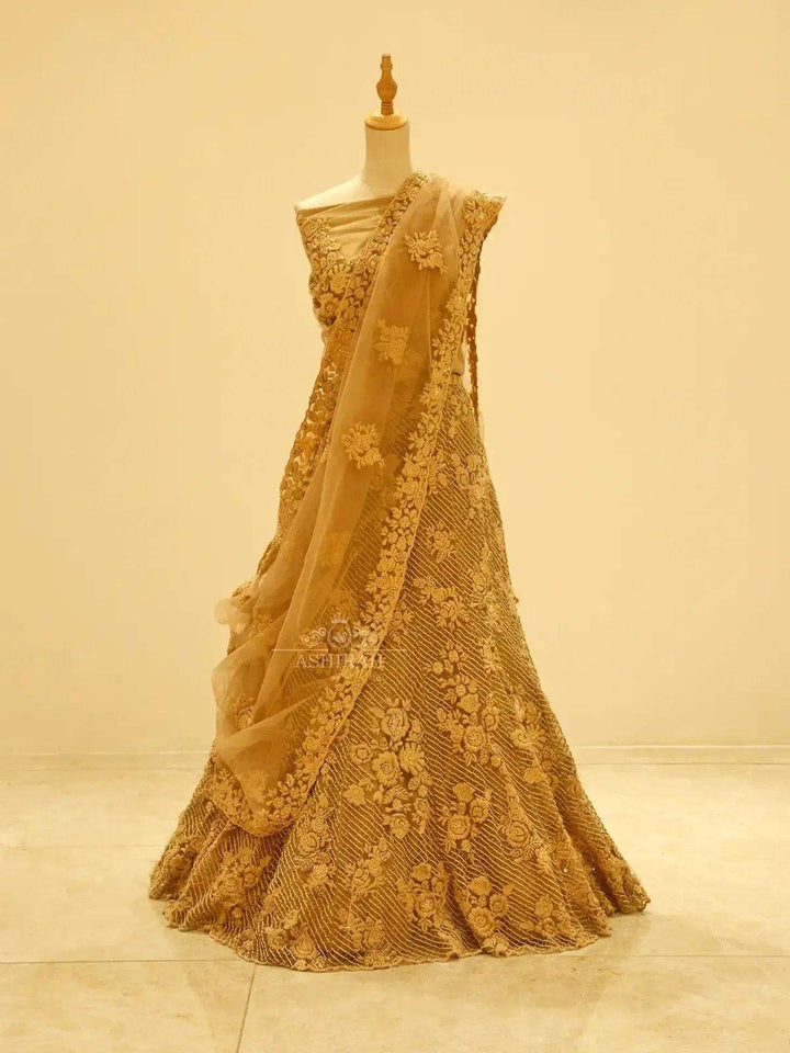Gold Net Embroidered Wedding Bridal Lehenga - Diadem