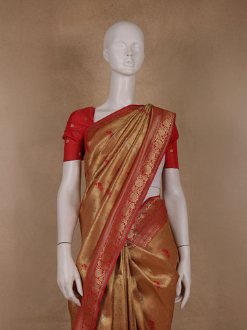 Golden-Brown Floral Design Tissue Saree - Diadem