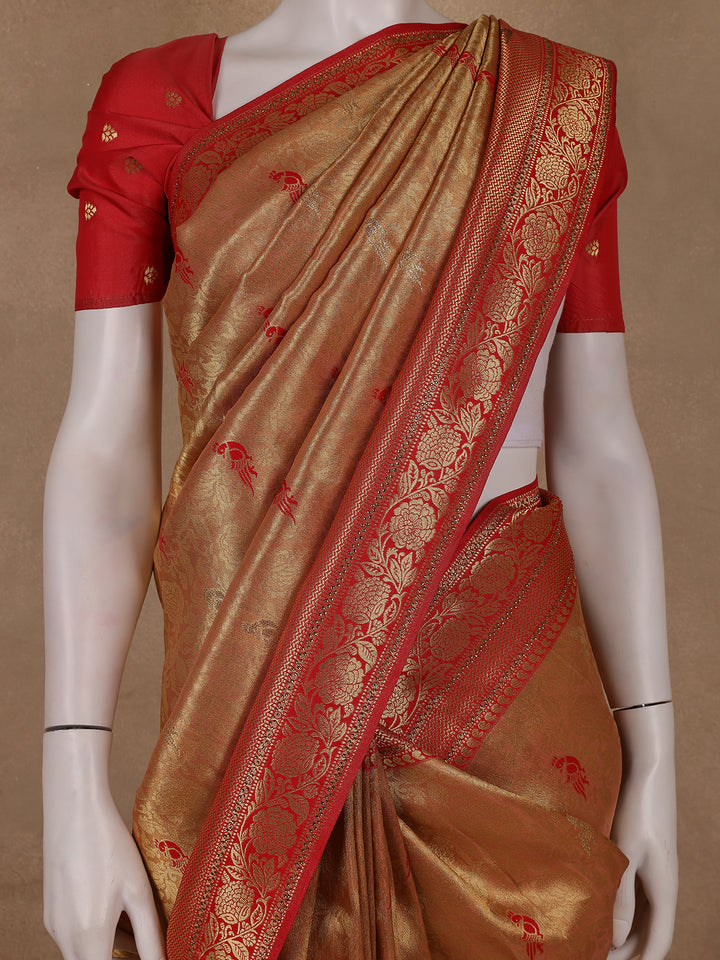 Golden-Brown Floral Design Tissue Saree - Diadem