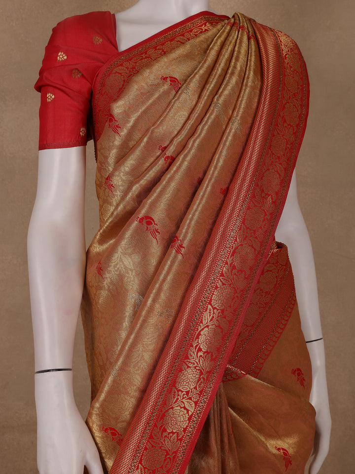 Golden-Brown Floral Design Tissue Saree - Diadem