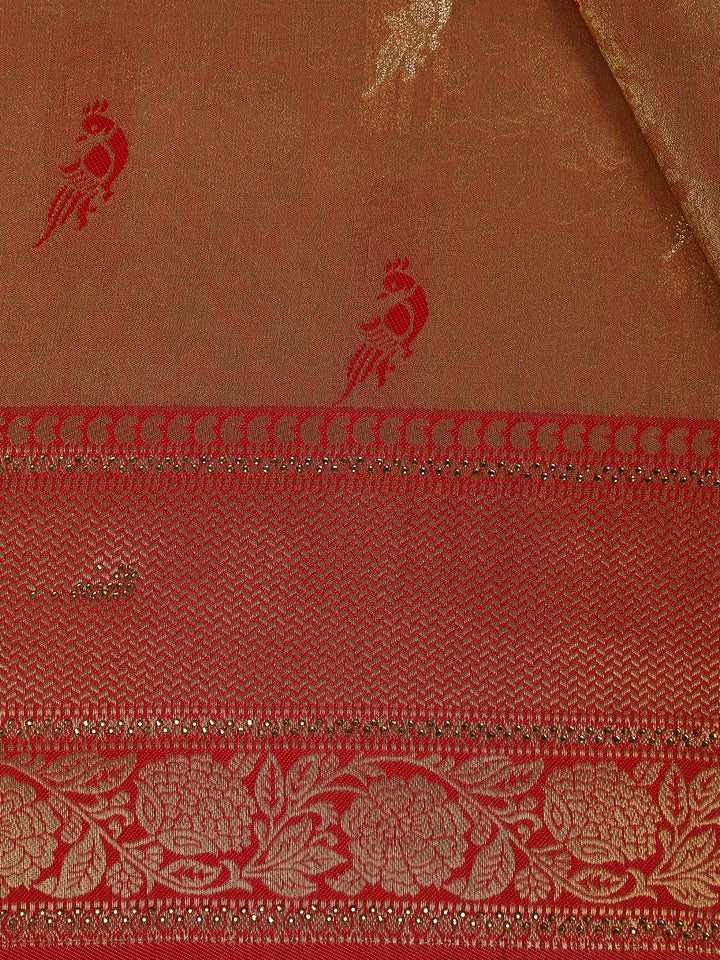 Golden-Brown Floral Design Tissue Saree - Diadem