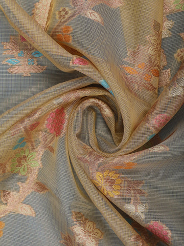 Golden Beige Floral Design Semi Tissue Saree - Diadem