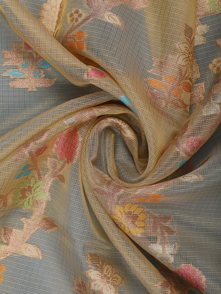 Golden Beige Floral Design Semi Tissue Saree - Diadem