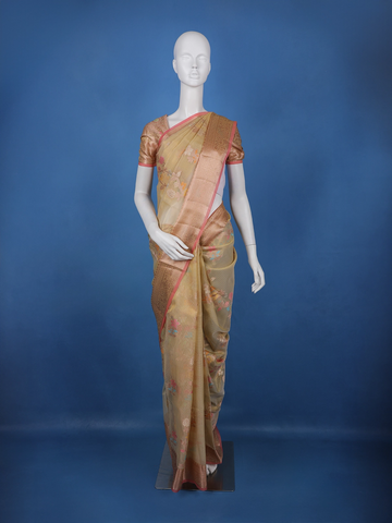 Golden Beige Floral Design Semi Tissue Saree - Diadem
