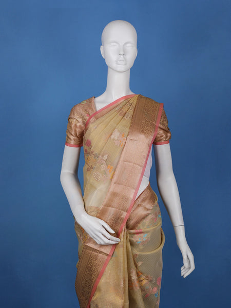Golden Beige Floral Design Semi Tissue Saree - Diadem