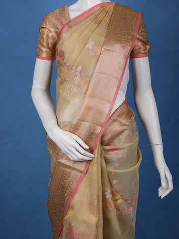 Golden Beige Floral Design Semi Tissue Saree - Diadem