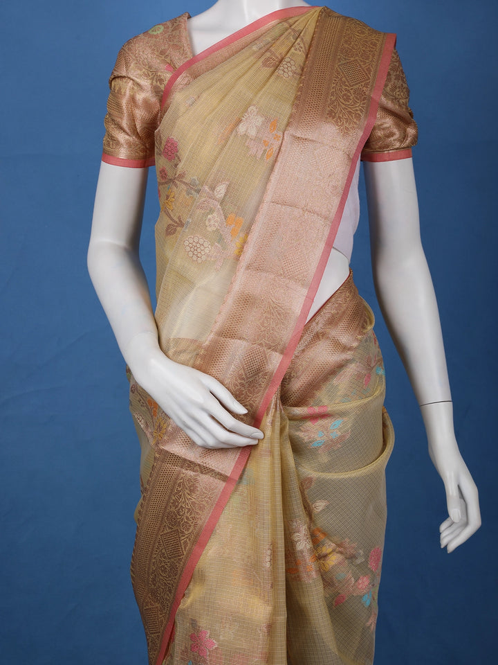Golden Beige Floral Design Semi Tissue Saree - Diadem
