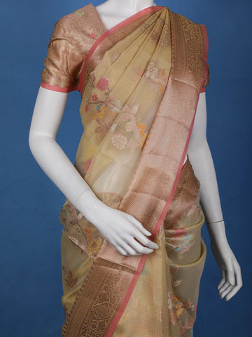 Golden Beige Floral Design Semi Tissue Saree - Diadem