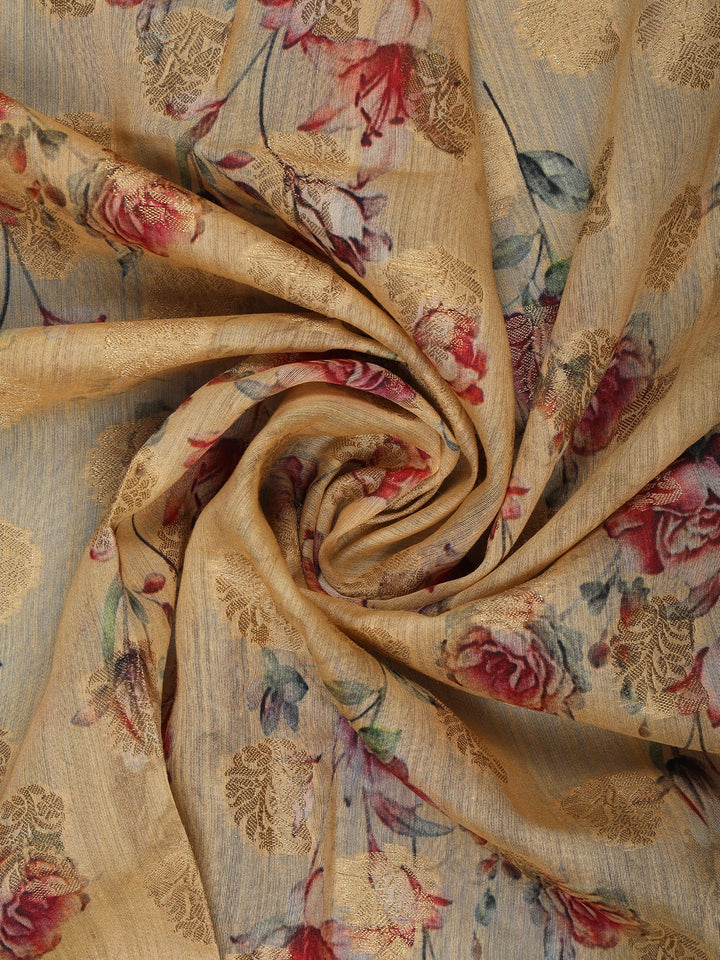 Golden Beige Floral Design Tussar Silk Saree - Diadem