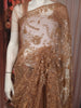 Golden Beige Floral Vine Sequins Embroidered Design Net Party Wear Saree with Designer Border