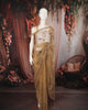 Golden Beige Floral Vine Sequins and  Beads Embroidered Design Net Party Wear Saree with Scalloped Border