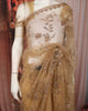 Golden Beige Floral Vine Sequins and  Beads Embroidered Design Net Party Wear Saree with Scalloped Border