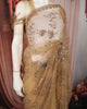 Golden Beige Floral Vine Sequins and  Beads Embroidered Design Net Party Wear Saree with Scalloped Border