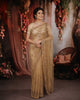 Golden Beige Floral Vine Sequins and  Beads Embroidered Design Net Party Wear Saree with Scalloped Border